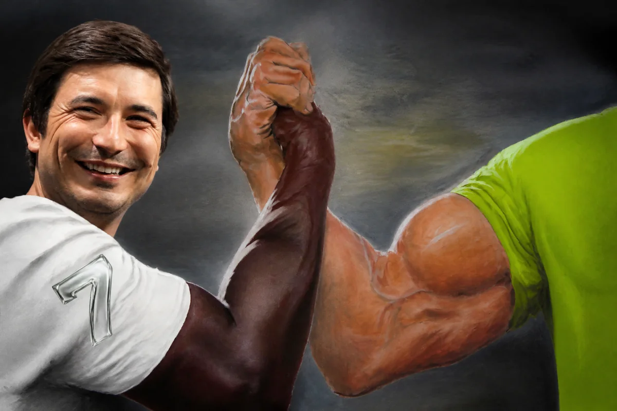 Epic handshake meme. Chrome 7 on one sleeve, lime green on the other.