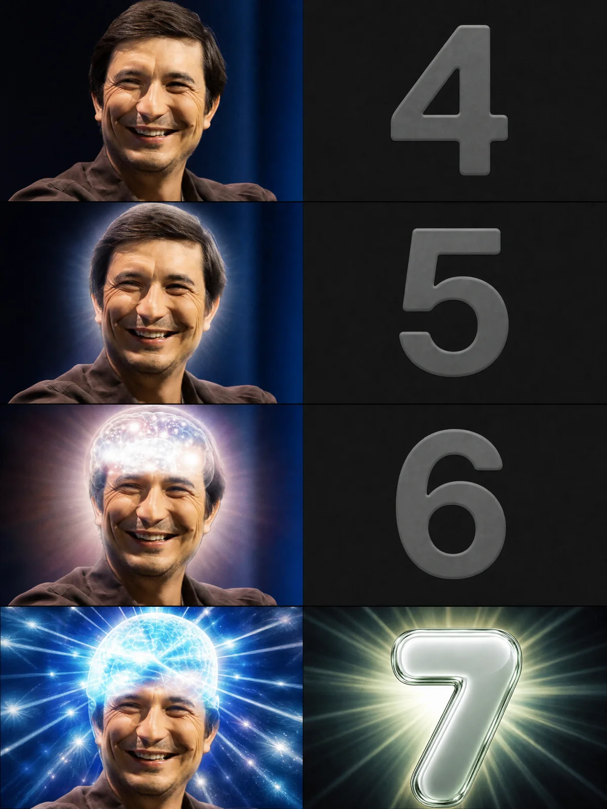 Expanding brain meme. 4, 5, 6, then the chrome 7 with galaxy brain.