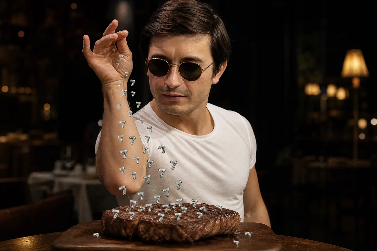 Salt bae meme. Tiny chrome 7s rain onto the steak.