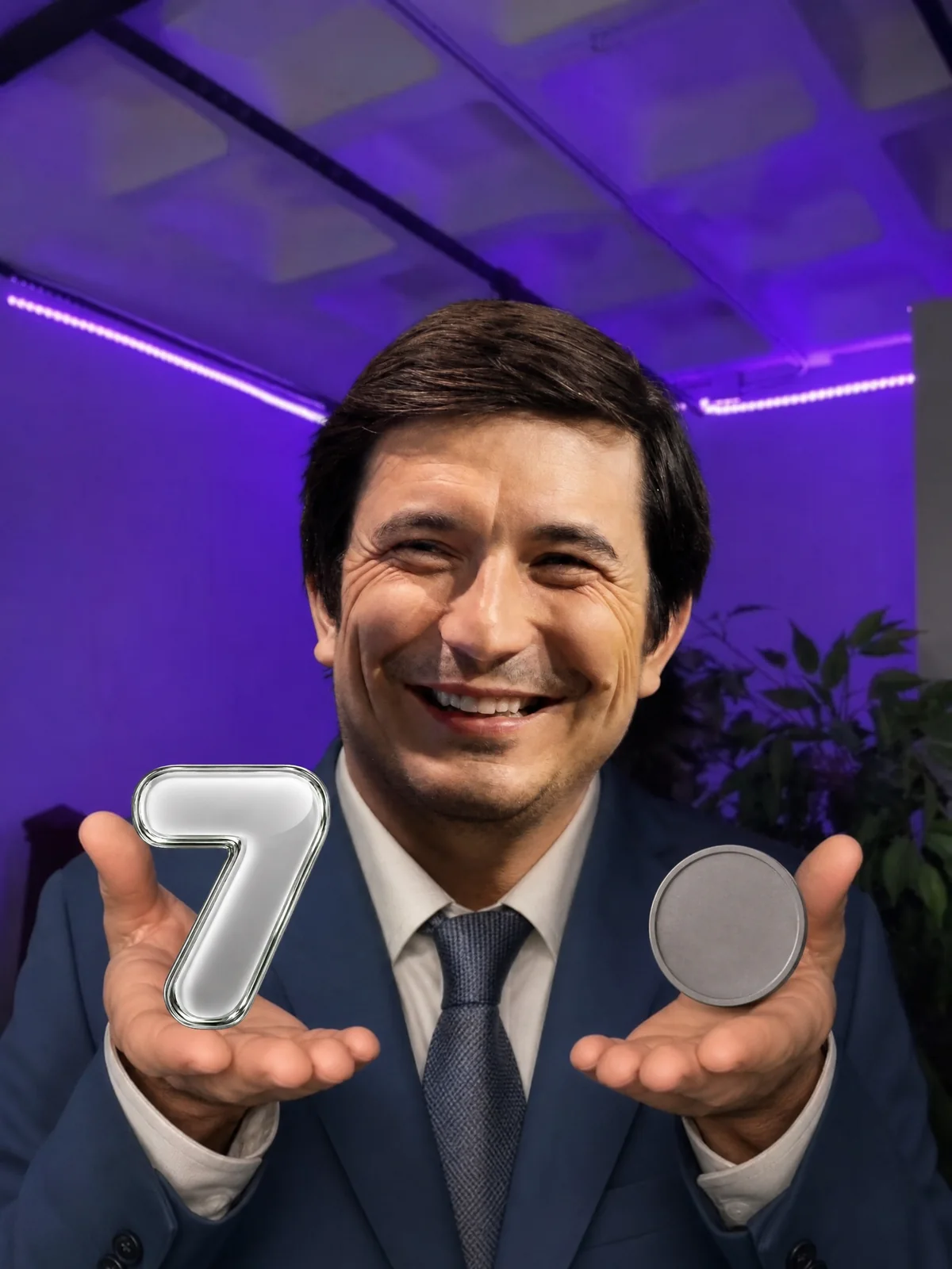 Trade offer meme. The chrome 7 in one palm, a grey coin in the other.