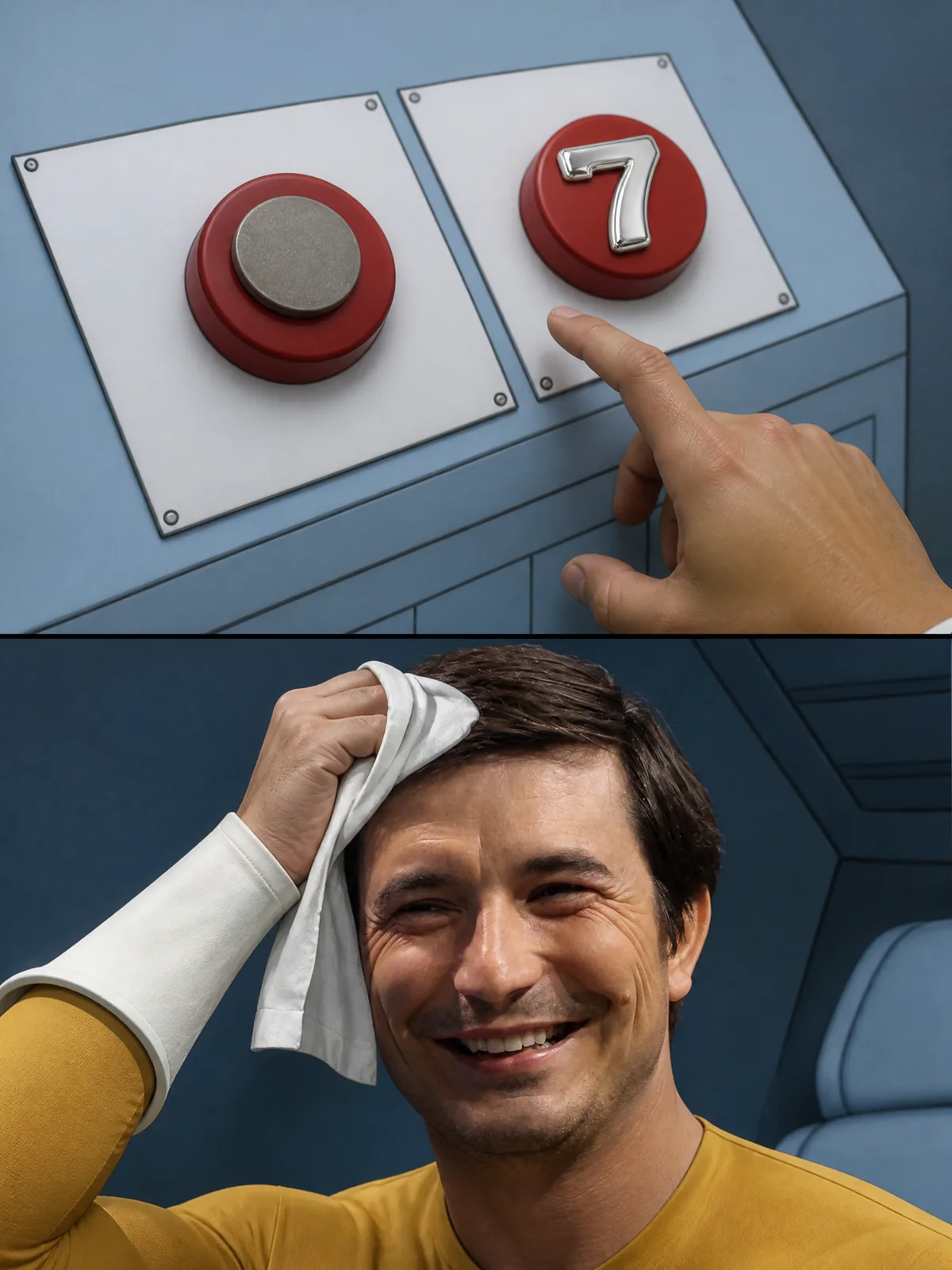 Two buttons meme. A grey coin button or the chrome 7 button.